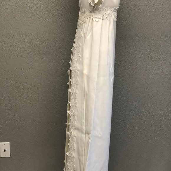 Vintage 60s Linen Blend Tailored Wedding Dress, Heavy Floral Embroidery Trim - Picture 7 of 7